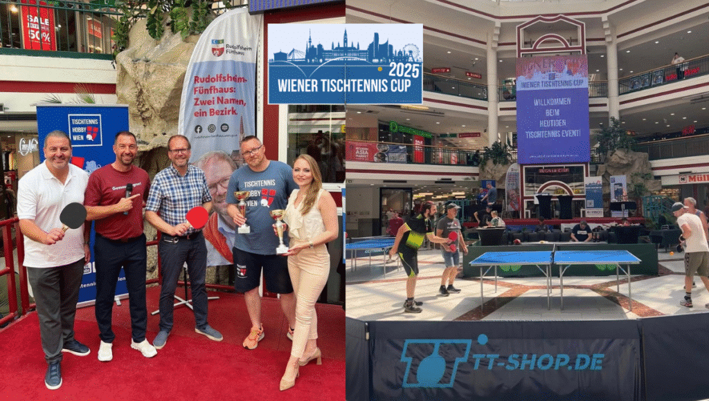 Tischtennis begeistert Wien: Eröffnung des Wiener Tischtennis Cups 2025 in der Lugner City mit Bezirksvorsteher Baurecht, Familie Lugner, Moderator Günther Herzog und dem Verein Tischtennis Hobby Wien.