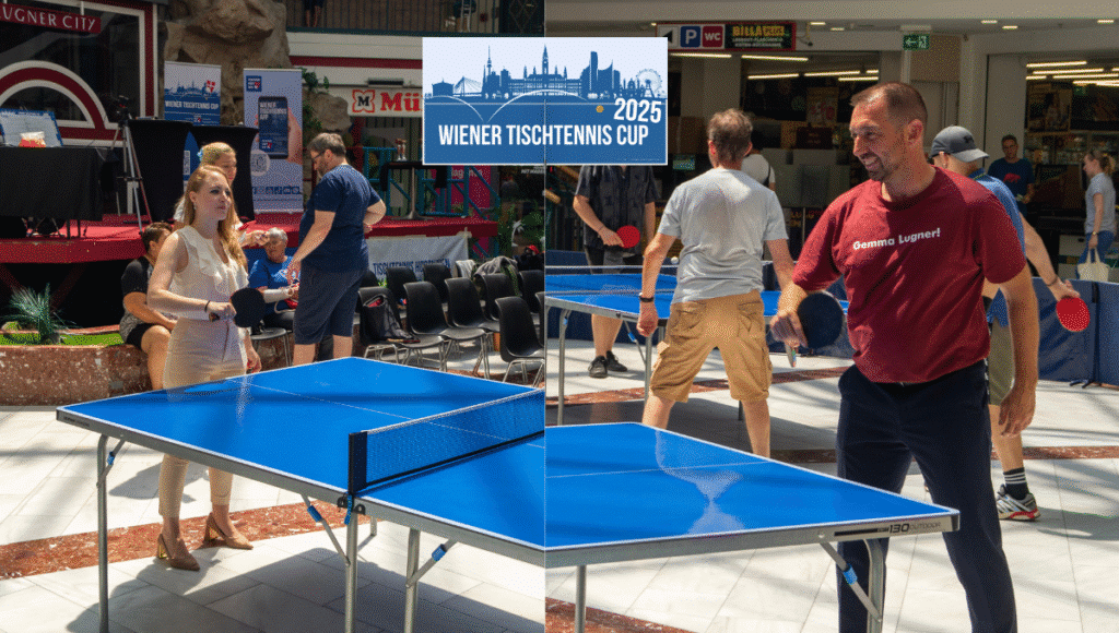 Jaqueline Lugner und Günther Herzog spielen Tischtennis in der Lugner City - sichtbare Begeisterung beim Wiener Tischtennis Cup 2025.