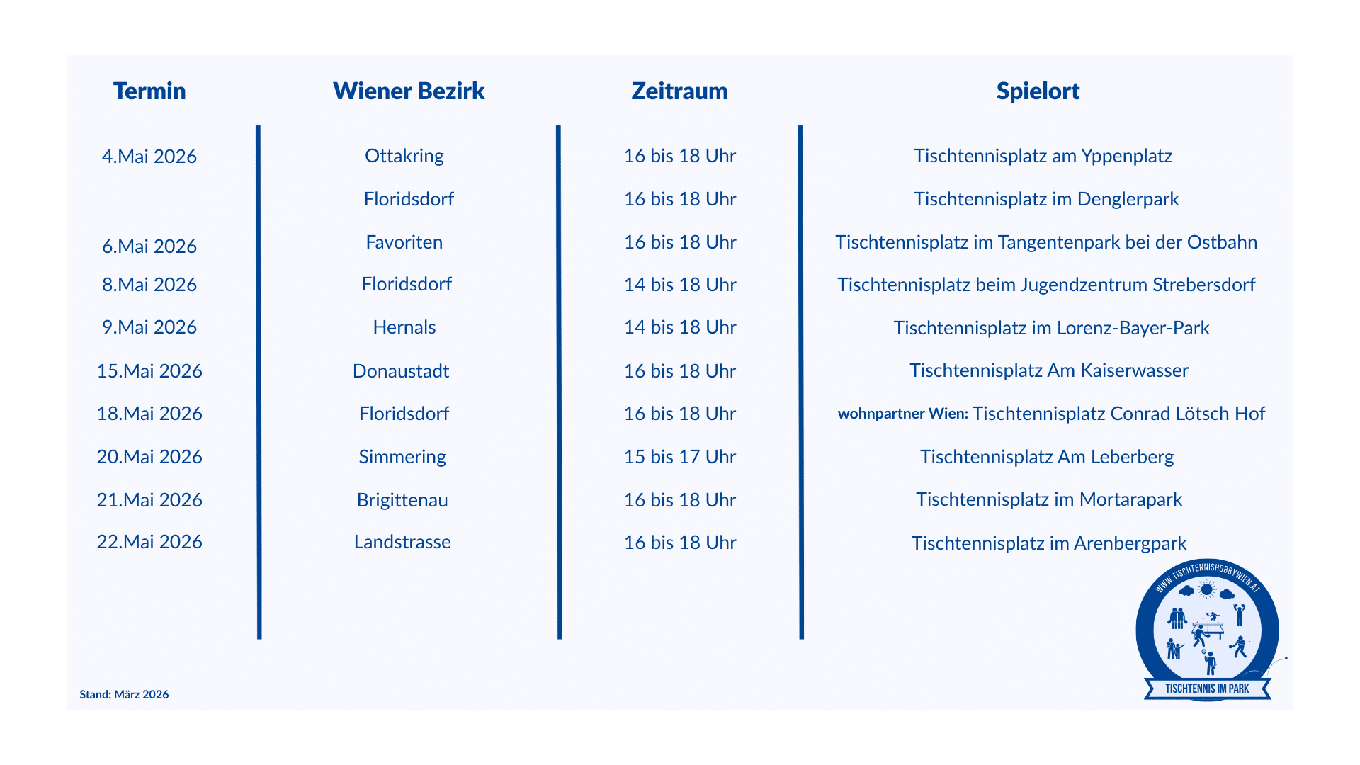 Kostenloses Tischtennis im Park im Mai 2026: Bring einfach Schläger und Bälle mit, komm zum Treffpunkt und spiel direkt mit!