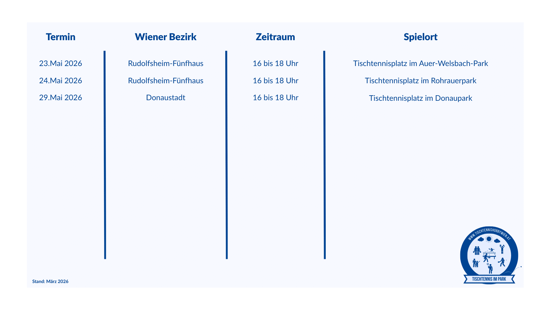 Kostenloses Tischtennis im Park im Mai 2026: Bring einfach Schläger und Bälle mit, komm zum Treffpunkt und spiel direkt mit!