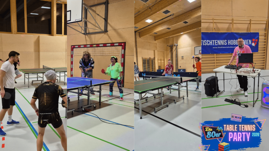 Sensationelle Stimmung bei der 80er Table Tennis Party von Tischtennis Hobby Wien: Teilnehmer:innen spielen motiviert Tischtennis, während ein DJ die besten 80er-Klassiker auflegt und die Halle in neonfarbenes Discolicht taucht.