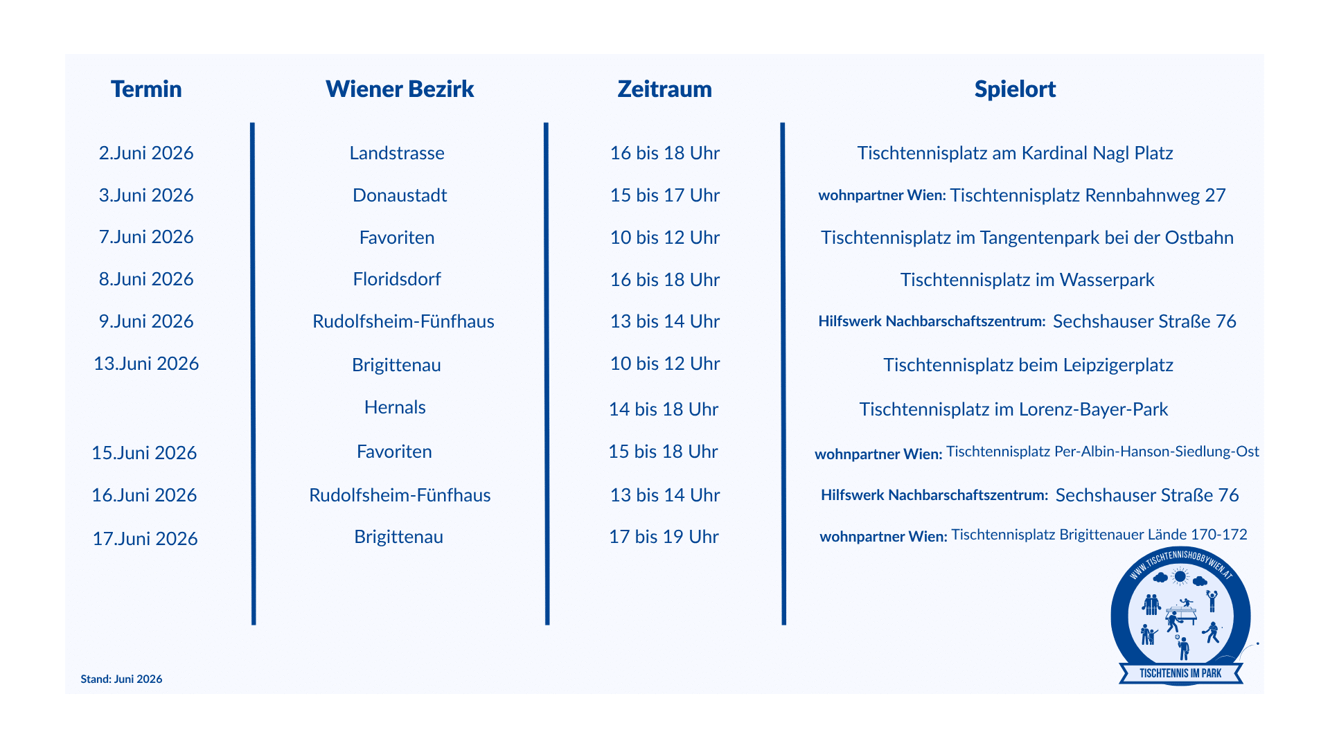 Kostenloses Tischtennis im Park im Juni 2026: Bring einfach Schläger und Bälle mit, komm zum Treffpunkt und spiel direkt mit!