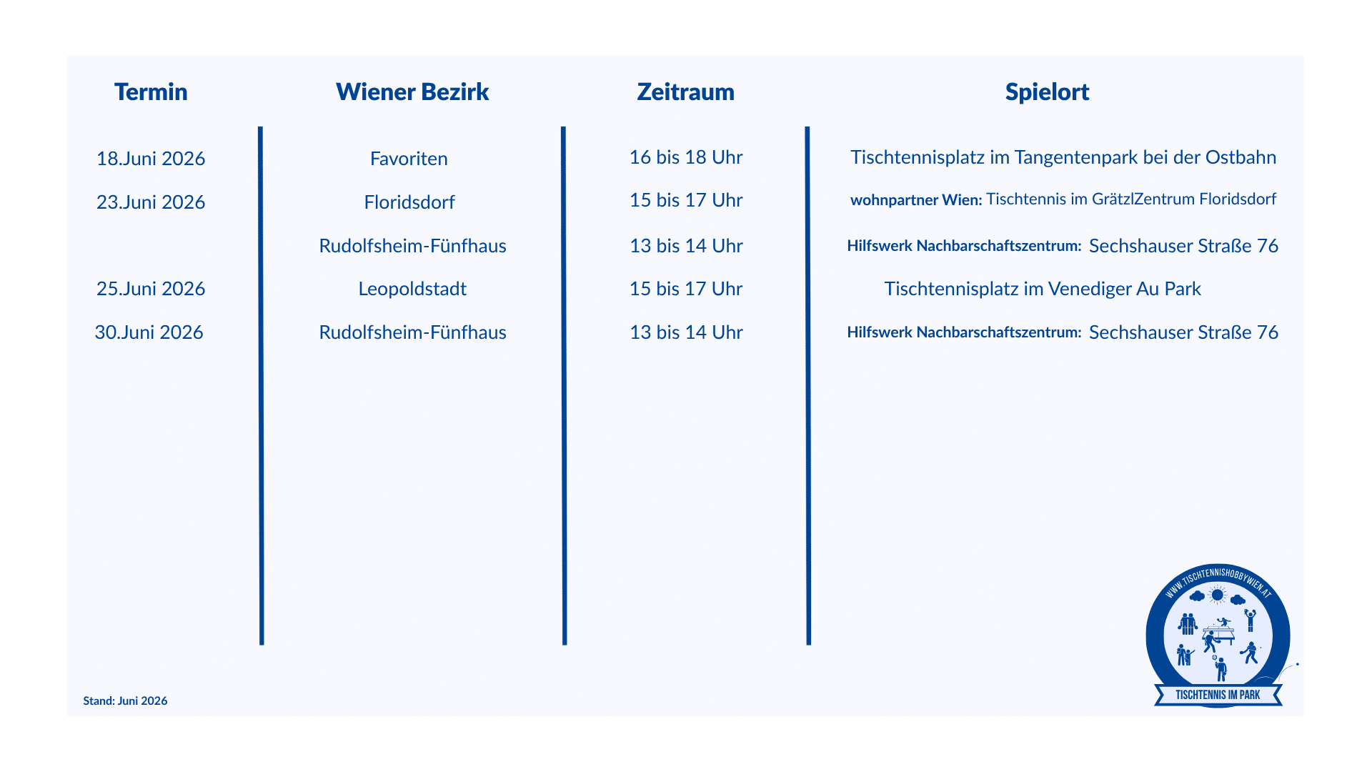 Kostenloses Tischtennis im Park im Juni 2026: Bring einfach Schläger und Bälle mit, komm zum Treffpunkt und spiel direkt mit!