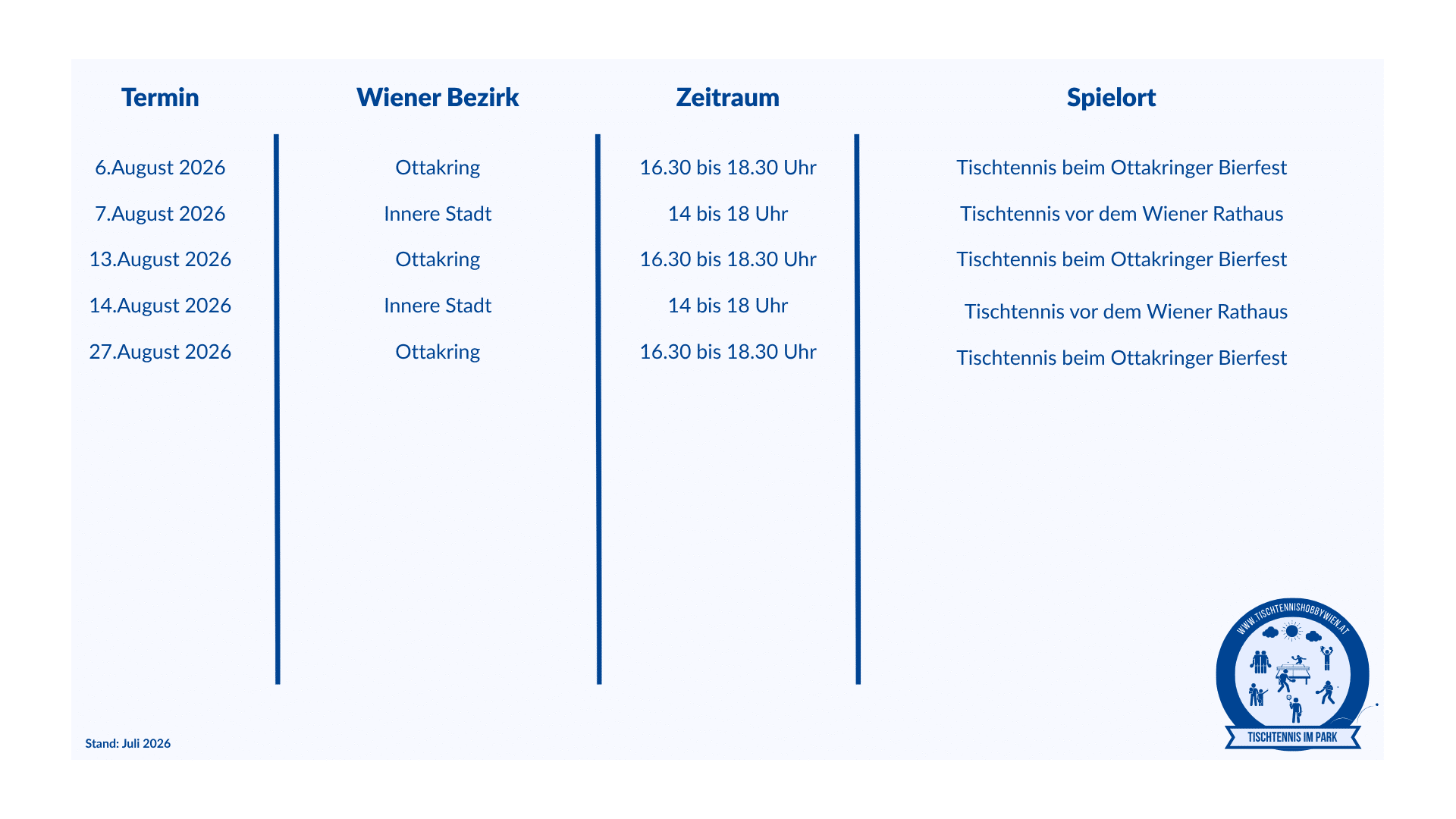 Kostenloses Tischtennis im Park im August 2026: Bring einfach Schläger und Bälle mit, komm zum Treffpunkt und spiel direkt mit!